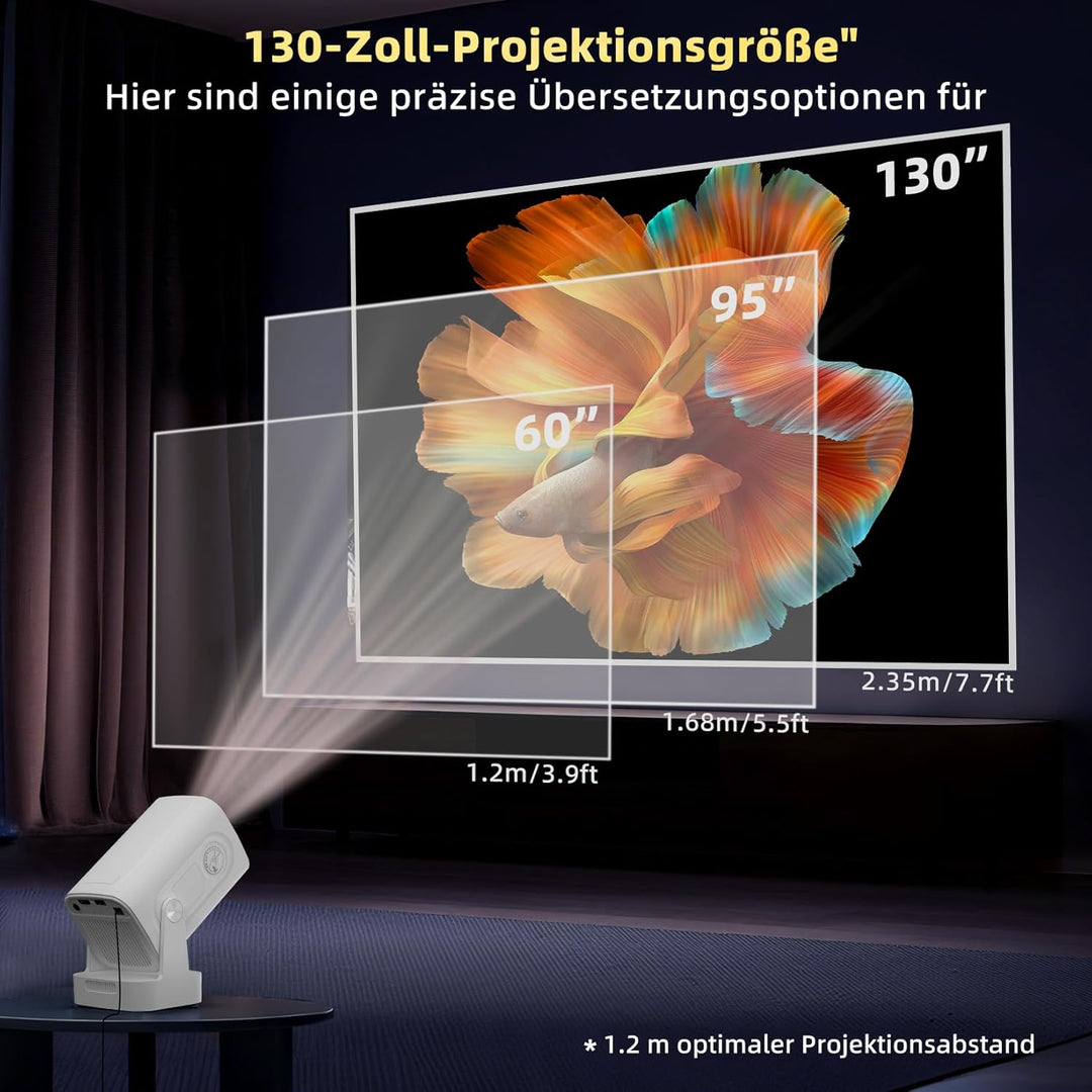 Beamer Full HD 1080P Mini Beamer 4K, Auto Trapezkorrektur, Mini Projector 180°Dreh Videoprojektor Un