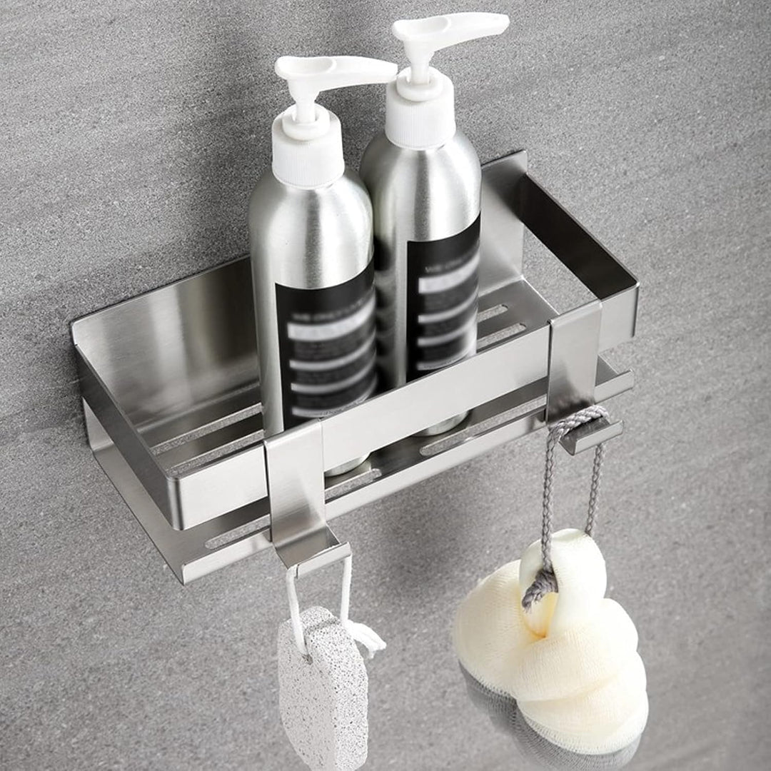 Duschablage Ohne Bohren, Duschregal Wandmontage Selbstklebend Edelstahl, Duschkorb mit 2 Haken, Geei