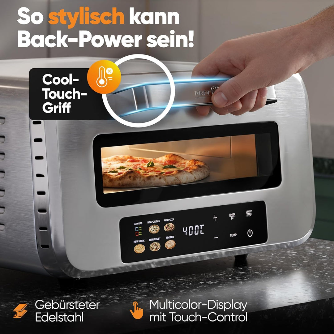 ProfiCook® Pizzaofen elektrisch | 400°C | echter Pizzastein | inkl. Pizzaheber | variable Zeit und T