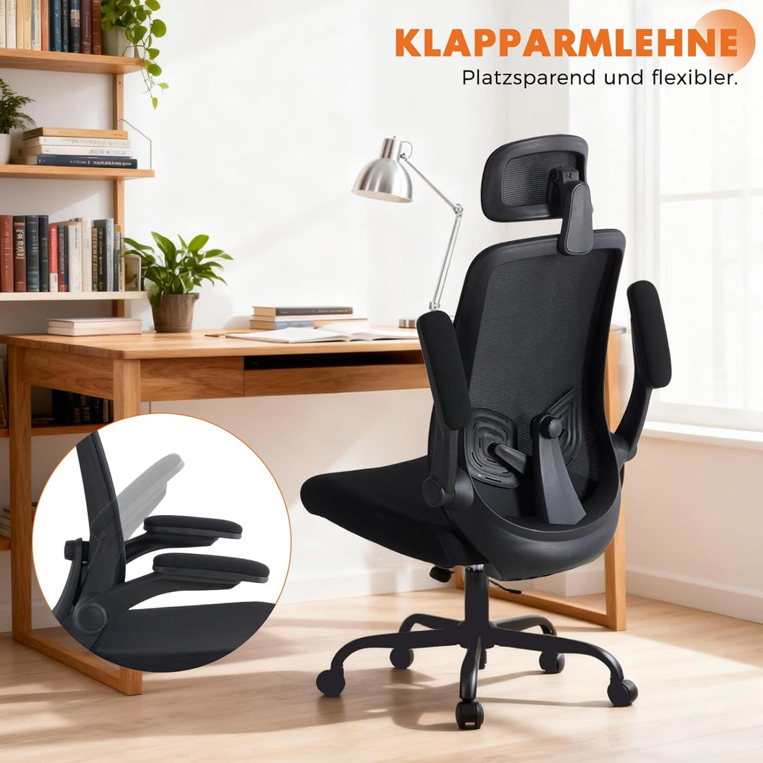 Sweetcrispy Ergonomischer Bürostuhl mit Kopfstütze & verstellbaren Armlehnen, 360° Drehfunktion, Höh