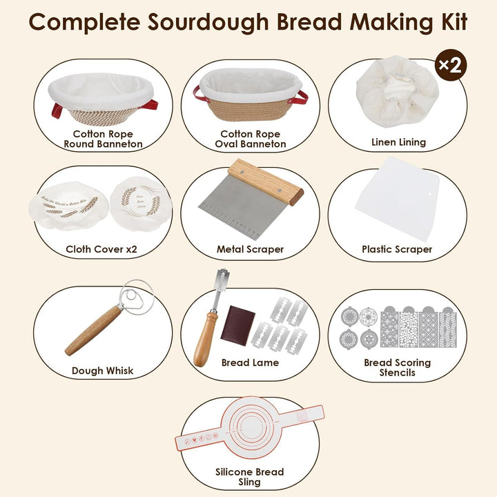 Gärkörbchen aus Baumwollseil für Brot, Sauerteig Starter Set, Komplettset Brot Backen Zubehör Mit Bä