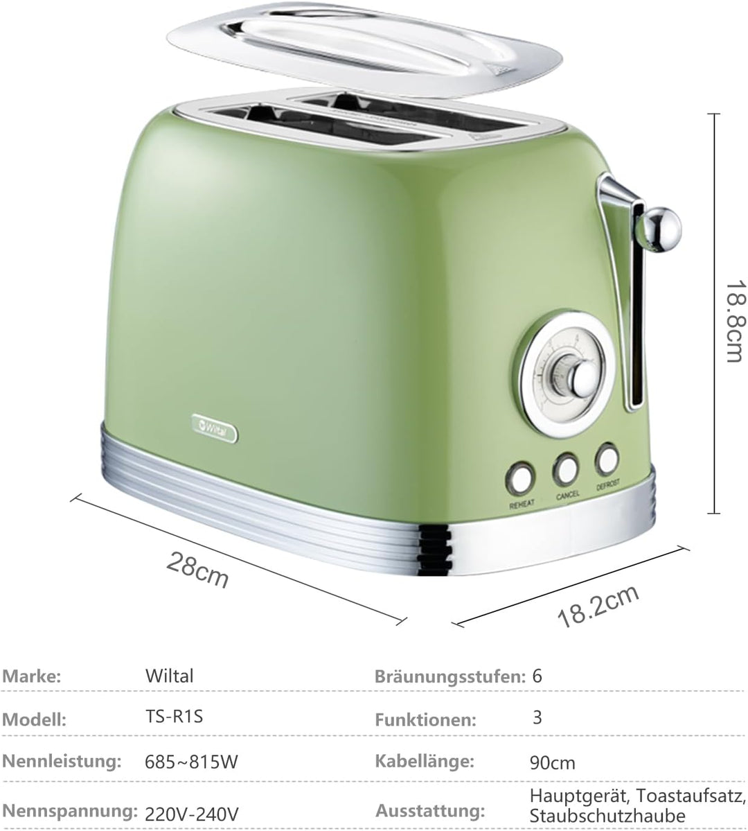 Wiltal Toaster 2 Scheiben, Toaster Retro, Toaster mit Brötchenaufsatz, Toaster mit Deckel aus Edelst