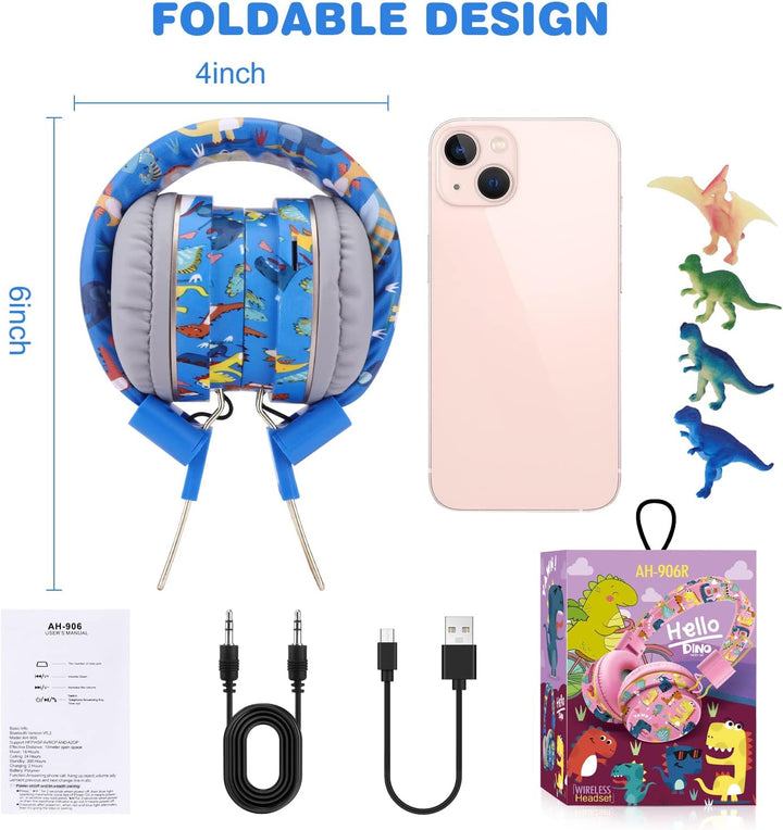 JYPS Bluetooth Kopfhörer Kinder, Dinosaurier Kopfhörer Kabellos Kinder mit Kabel und Mikrofon, Kids