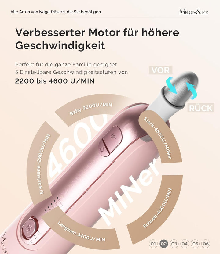 MelodySusie Professionelles Maniküre/Pediküre Set, PC760G 8 in 1 Elektrischer Nagelfräser mit 5 Gesc