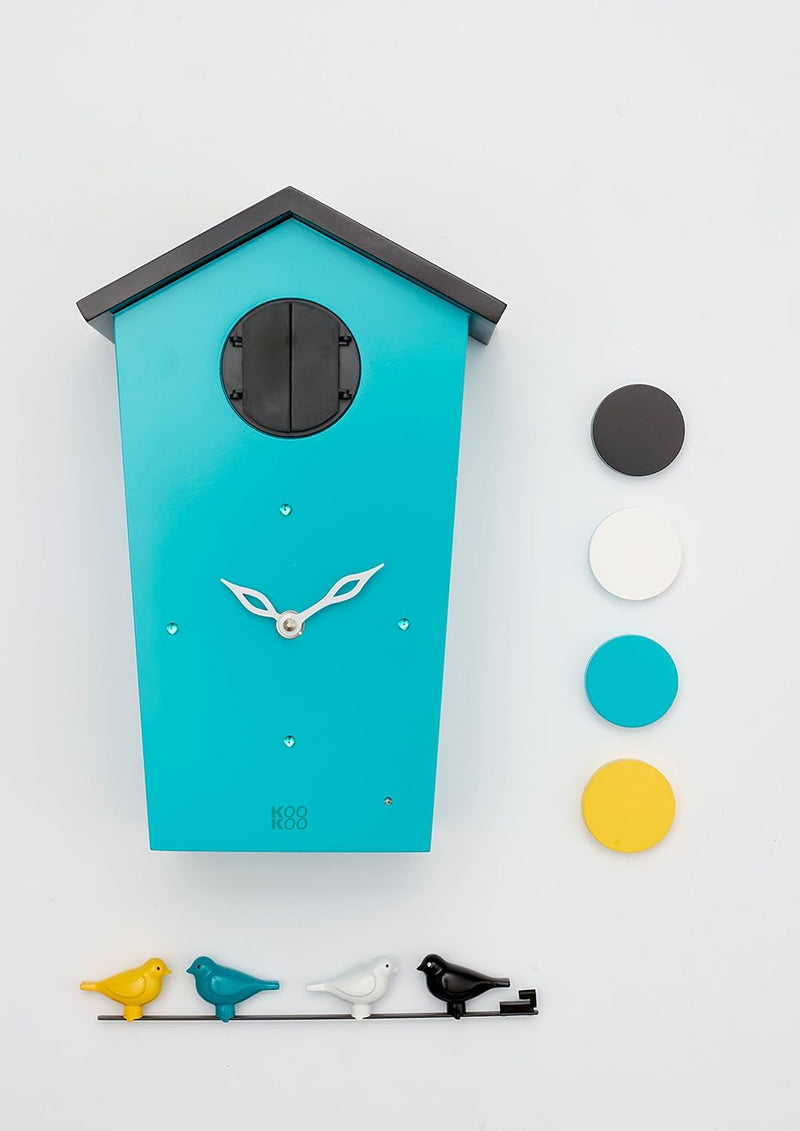 KOOKOO Birdhouse Petrol, Moderne Kuckucksuhr mit Pendel, Design Wanduhr mit 12 Vogelstimmen oder Kuc