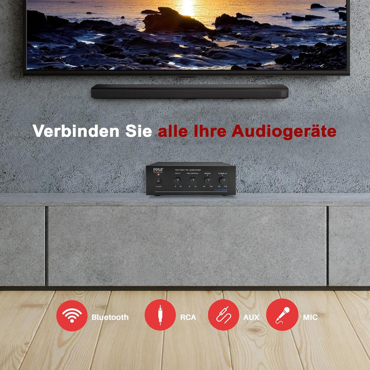 Pyle PA-Verstärker – 60W Bluetooth Amp mit 25/70V-Ausgang & 2 Mikrofoneingängen | Mit Bass-/Höhenreg