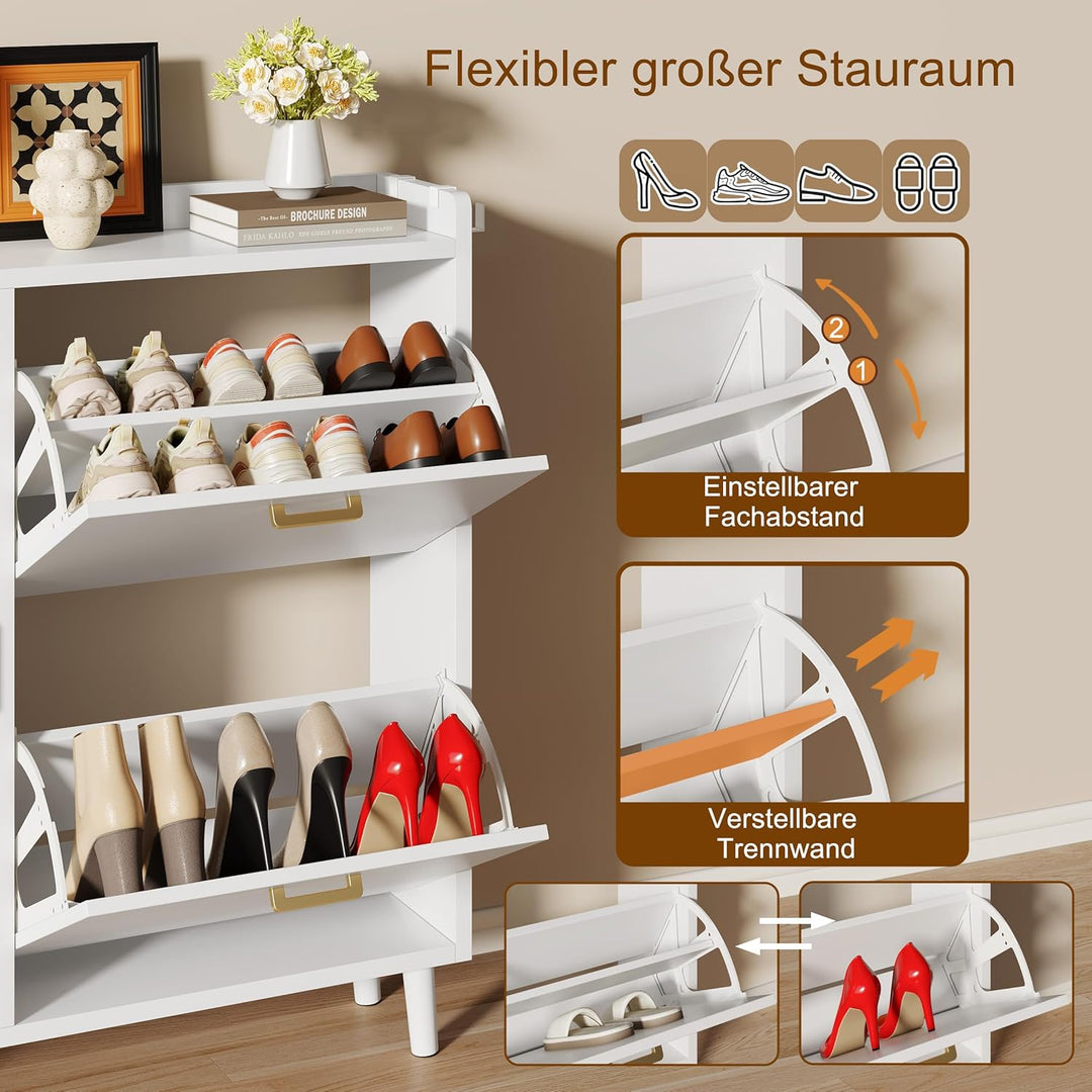 Schuhschrank mit 3 Klappen, Schmaler Schuhaufbewahrung mit Griffen,Freistehendes Schuhregal mit Mass