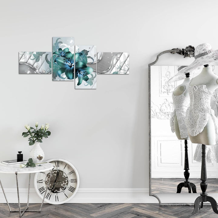 Runa Art Bild Modern Blumen Lilien - Made in Germany - Wandbilder Abstrakt Grau Türkis 4 Teilig 0165
