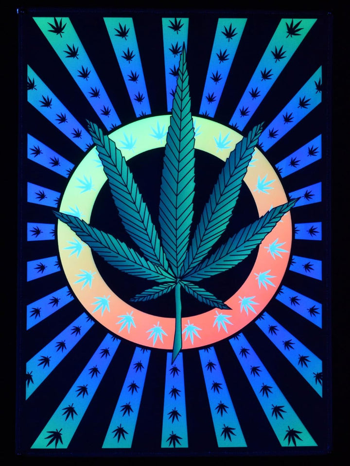 PSYWORK Schwarzlicht Stoffposter Neon | Weed Leaf | 1,0 x 1,4m | UV-aktiv | fluoreszierend | Wandbeh