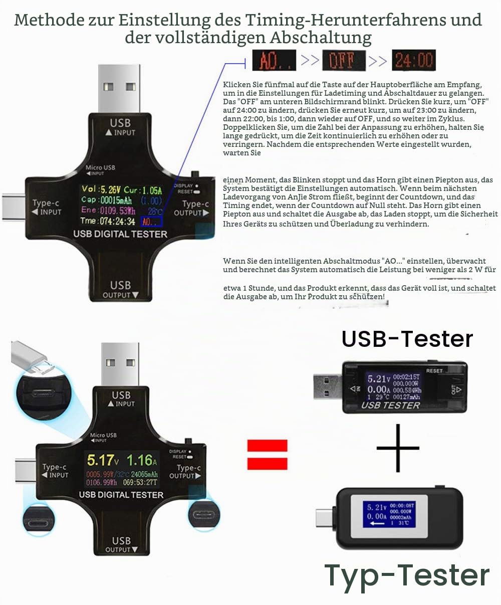 USB C Tester, 2 in 1 Typ C USB Tester Farbbildschirm IPS Digitalmultimeter,Spannung,Strom,Leistung,W