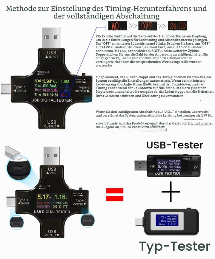 USB C Tester, 2 in 1 Typ C USB Tester Farbbildschirm IPS Digitalmultimeter,Spannung,Strom,Leistung,W