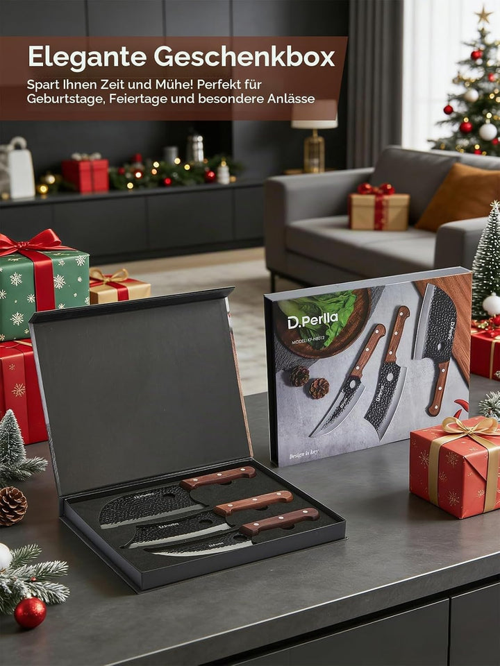 D.Perlla Metzgermesser Set 3-teilig Kochmesser Set mit Hackmesser,Wikinger-Ausbeinmesser und Serbisc