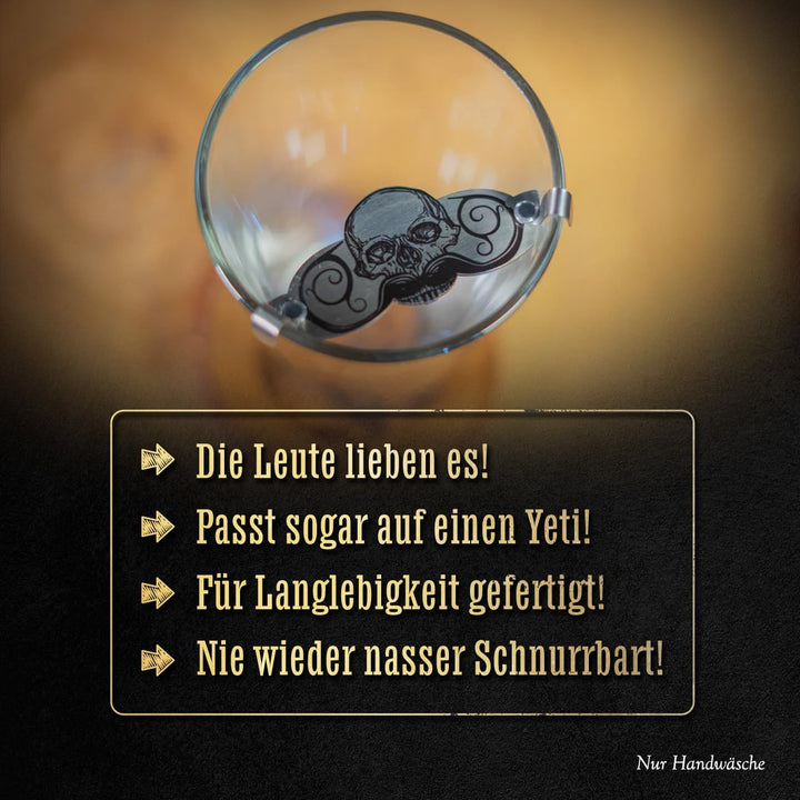 Death Grip Schnurrbartschutz, Edelstahl-Schädel-Clip für Kaffee, Bier, Wein, Gläser, Tassen, tragbar