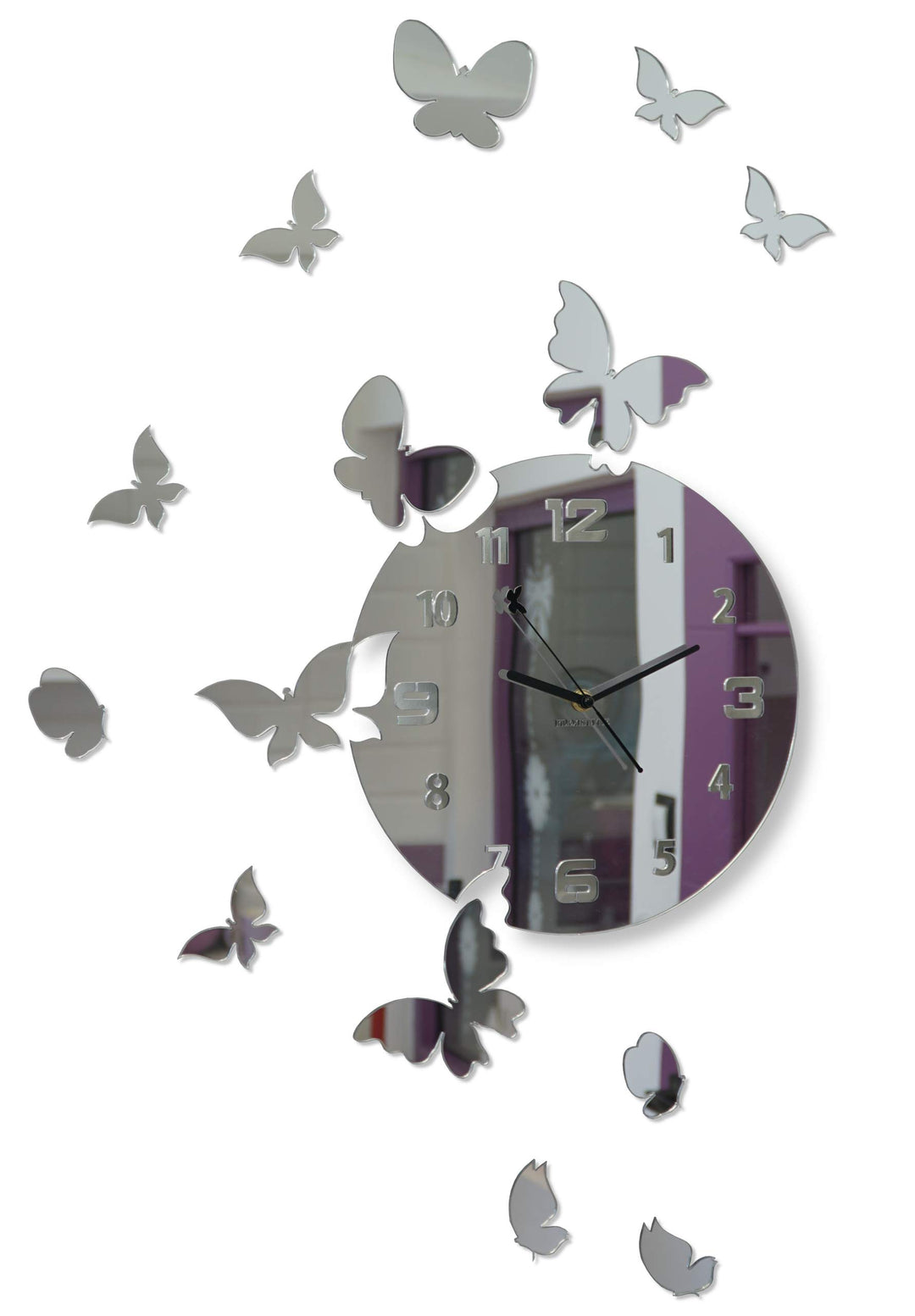FLEXISTYLE Grosse Moderne Wanduhr Schmetterling rund 30cm, 15 Schmetterlinge, Wohnzimmer, Schlafzimm