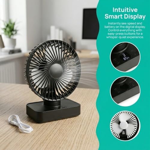 Tischventilator Leise Automatisch Oszillierend, 4000mAh Akku USB 5 Geschwindigkeiten LED-Digitalanze