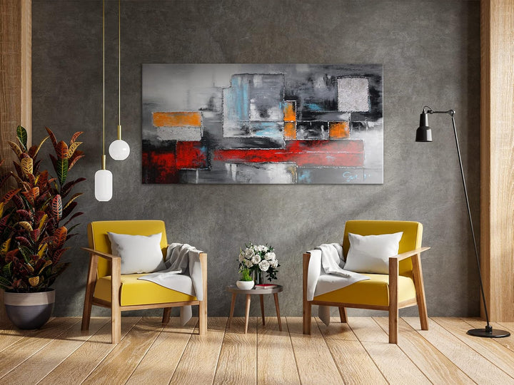 YS-Art Abstrakt Acryl Gemälde auf Leinwand Abstraktion in rot-grauen Farben handgemalt Wandbilder Wo