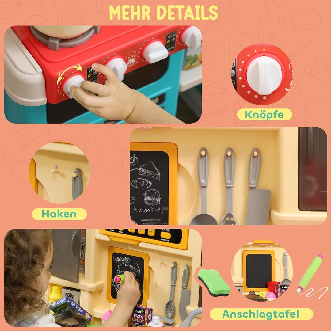 AIYAPLAY Kinderküche Spielküche mit fliessendem Wasser, elektrischem Wasserhahn, Lichtern und Geräus