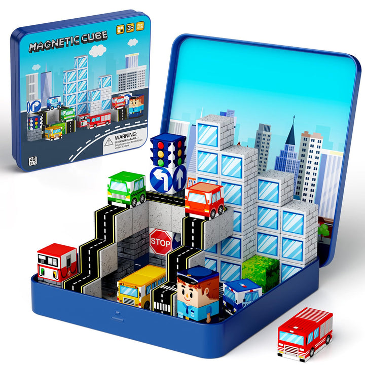 Magnetische Bausteine Stadtverkehr Set, Reisespielzeug für Kinder STEM Spielzeuge Reise Lerngeschenk