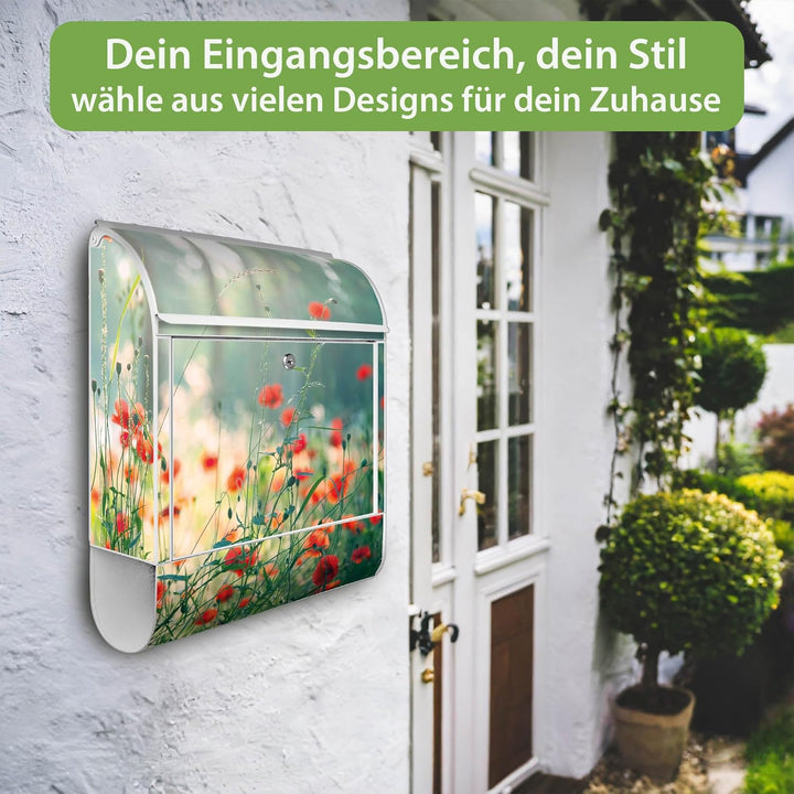 banjado® Design Briefkasten mit Motiv Waldmohn 39x47x14cm &amp; 2 Schlüssel - Briefkasten Stahl weiss mi