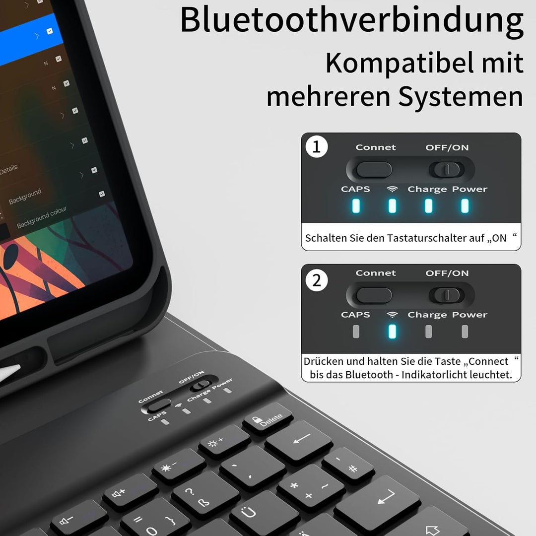 Hülle mit Tastatur für iPad A16 11 Generation 2025/10 Generation 2022 (11/10.9 Zoll), QWERTZ Layout,
