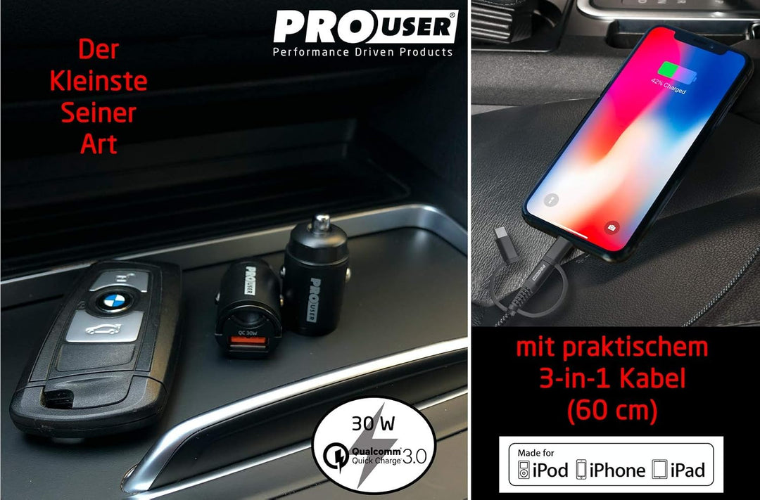 Pro User Set: Car USB Charger 30W + 3-in-1 USB Kabel – USB C- Lightning – Micro USB, das extra klein