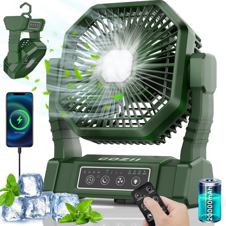 COZII Camping Ventilator, 20000mAh Tischventilator USB Ventilator Akku mit Licht, 4 Geschwindigkeite