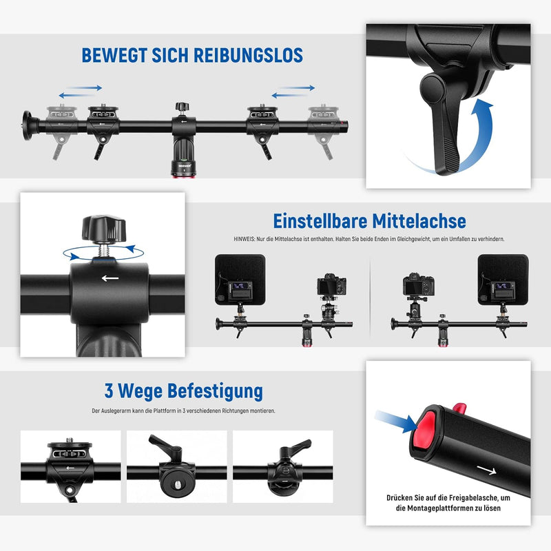 NEEWER 62cm Horizontalstativ Mittelachse mit 3/8"Schraube,Aluminiumlegierung 360° drehbar 180°Vertik