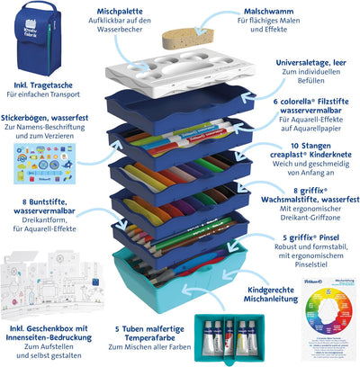 Pelikan 818384 Kreativfabrik Supertower, befüllt mit 54 Teilen (z.B. Bunt-, Filz- und Wachsmalstifte
