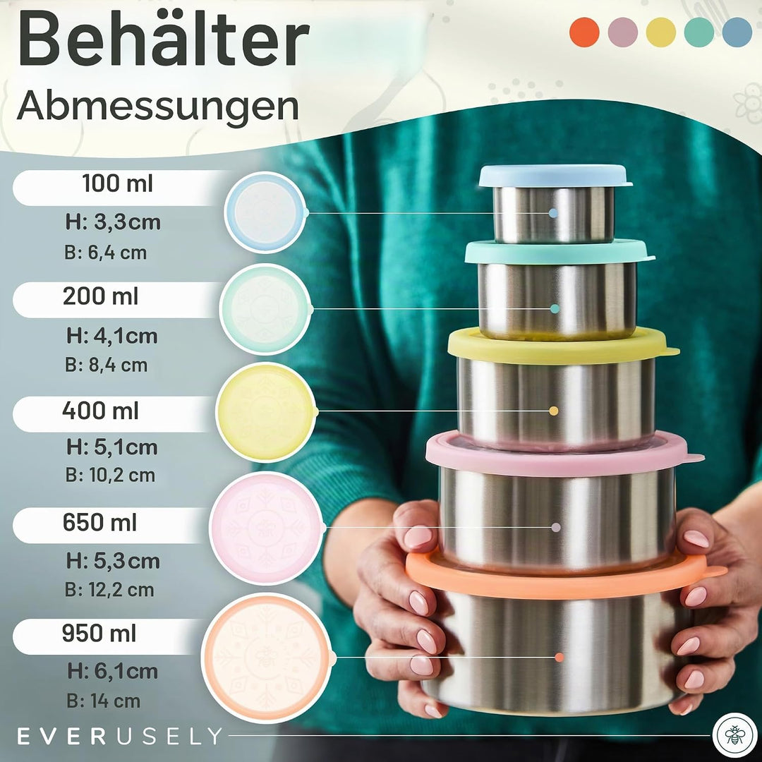 Everusely – Brotdose aus rostfreiem Stahl, auslaufsicher, mit Deckel – 5er-Set, Sorbet-Kollektion –