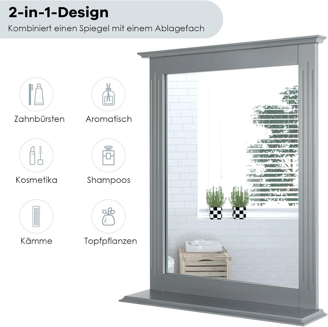 RELAX4LIFE Badspiegel mit Ablage, Wandspiegel aus Holz, Hängespigel 57 x 12 x 68,5 cm, Spiegel zum A