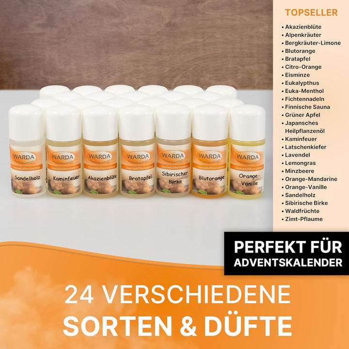 Miniatur-Set mit 24x 20 ml Flaschen von Warda Saunaduftkonzentrat Adventskalenderfüllung (24, am mei