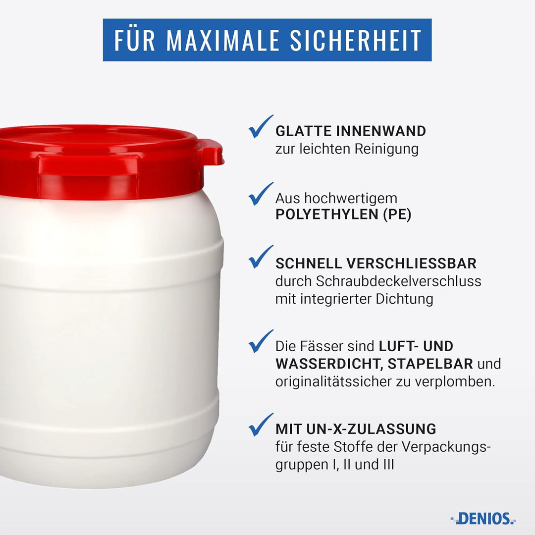 DENIOS® Weithalsfass, Maximal sichereres Weithalsfass, Fass, Fässer, Kunststofffass, Kunststofffässe
