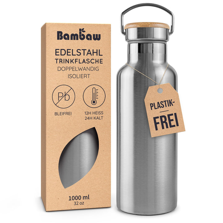 Bambaw Isolierte Wasserflasche 1l Edelstahl, Metall Trinkflasche 1l Spülmaschinenfest, Trinkflasche