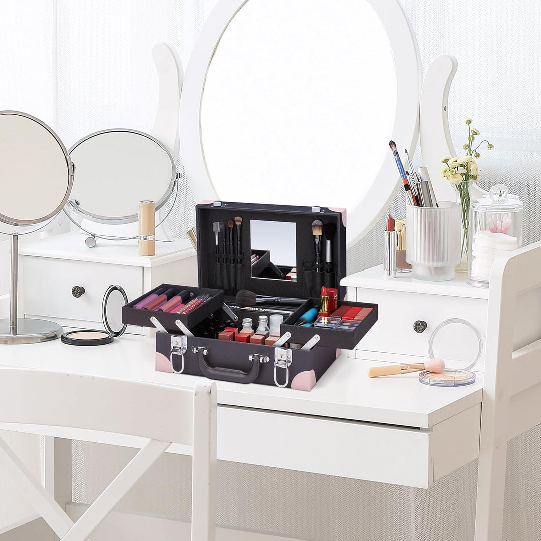 Relaxdays Kosmetikkoffer, für Make-Up, Nagellack, Schminkkoffer mit Spiegel, HBT: 12,5 x 31 x 23 cm,
