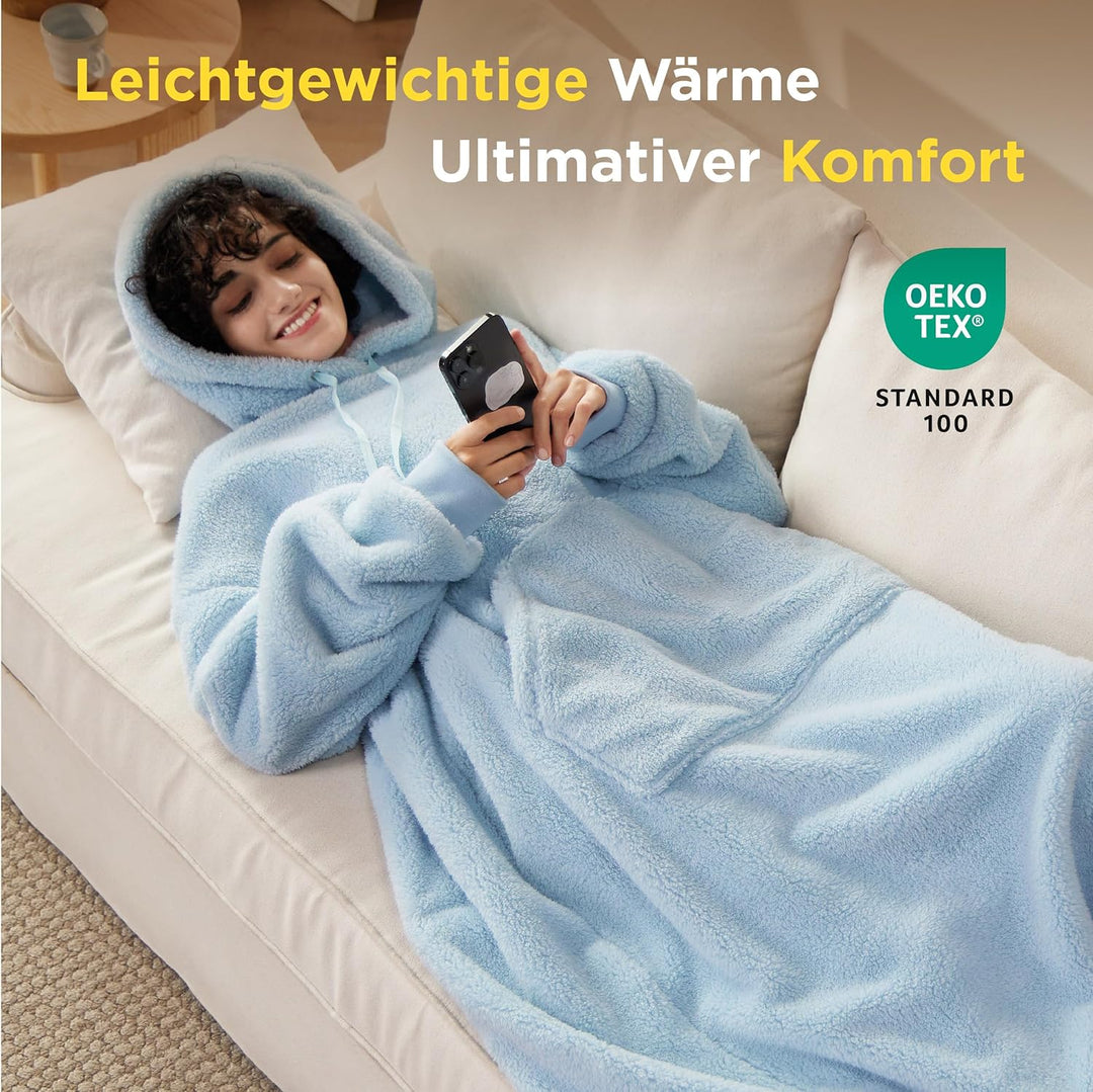 BEDSURE Hoodie Decke mit Ärmeln Kuschelpullover - Tragbare Decke zum Anziehen Erwachsene Hellblau, W