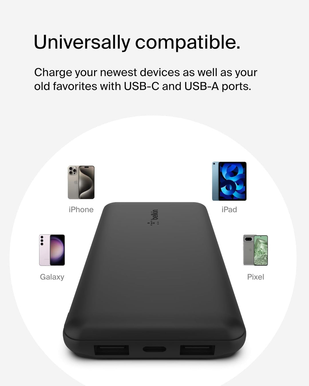 Belkin Powerbank 10000mah, tragbares USB-C-Ladegerät mit 1 USB-C- & 2 USB-A-Anschlüssen, Akkupack zu