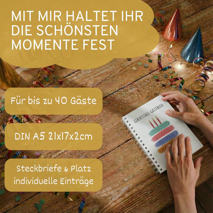Gästebuch Geburtstag mit Fragen | 40 Doppel-Seiten | 7 verschiedene Steckbriefe inkl. Fragen | Fotoa