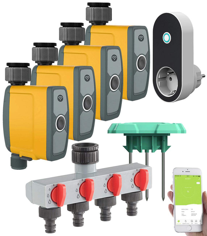 Royal Gardineer Regensensor: WLAN-Bewässerungscomputer, 4-Wege-Verteiler, Feuchtigkeitssensor, App (