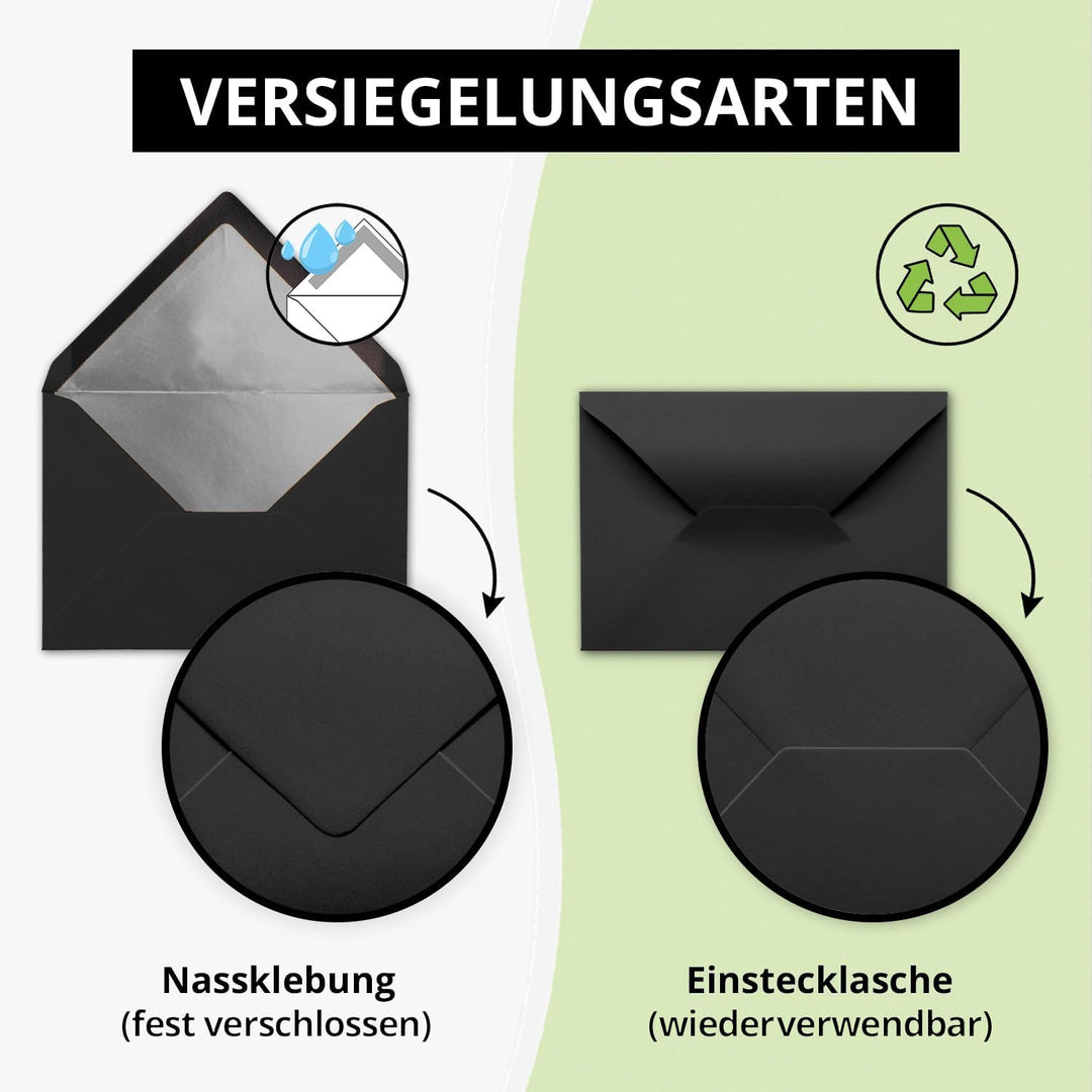 Kuverts in Schwarz - 75 Stück - Brief-Umschläge DIN C6-114 x 162 mm - 11,4 x 16,2 cm - Nassklebung -
