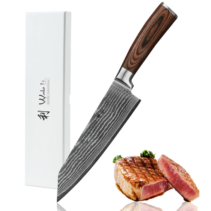 Wakoli EDIB Damast Chefmesser Kiritsuke mit Gravur – Personalisiertes Messer, 20cm Klinge aus 67 Lag