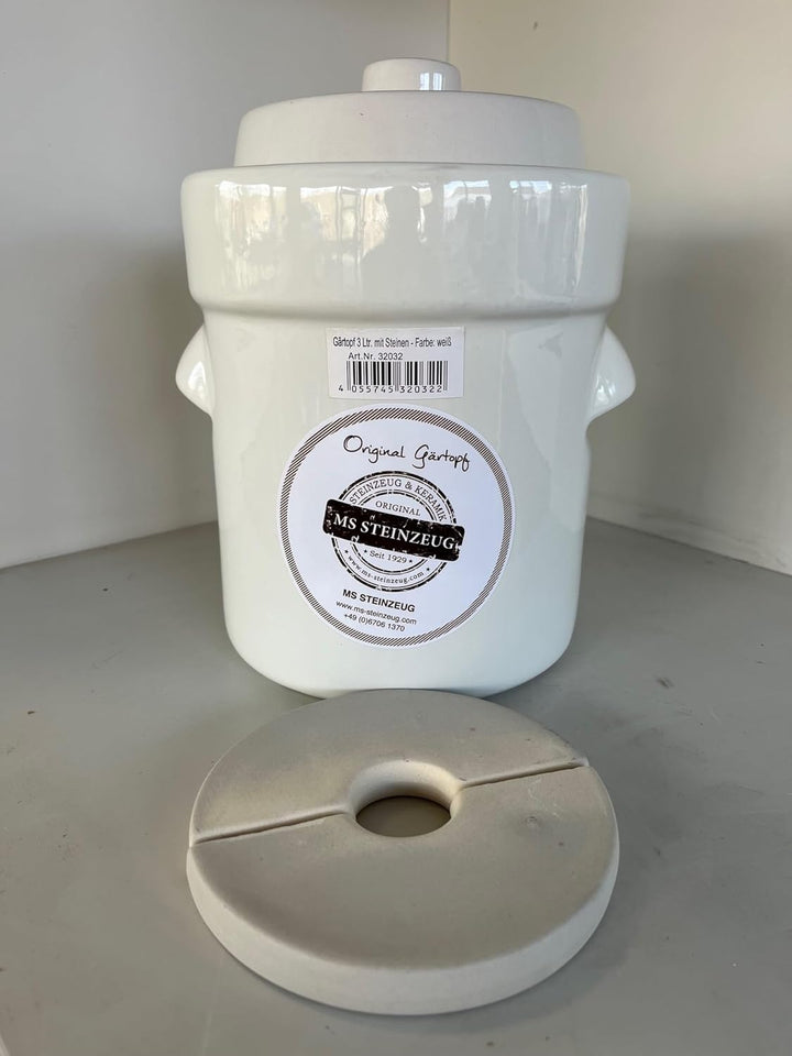 MS-Steinzeug Gärtopf Sauerkrauttopf 3 Liter + Beschwerungssteine weiss Grün, Grün
