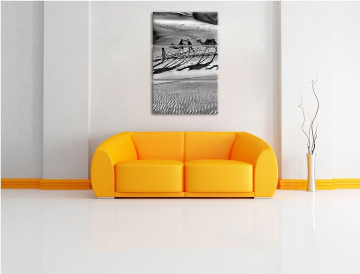 Pixxprint Monocrome, Kamelkarawane in der Wüste 3-Teiler Leinwandbild 120x80 Bild auf Leinwand