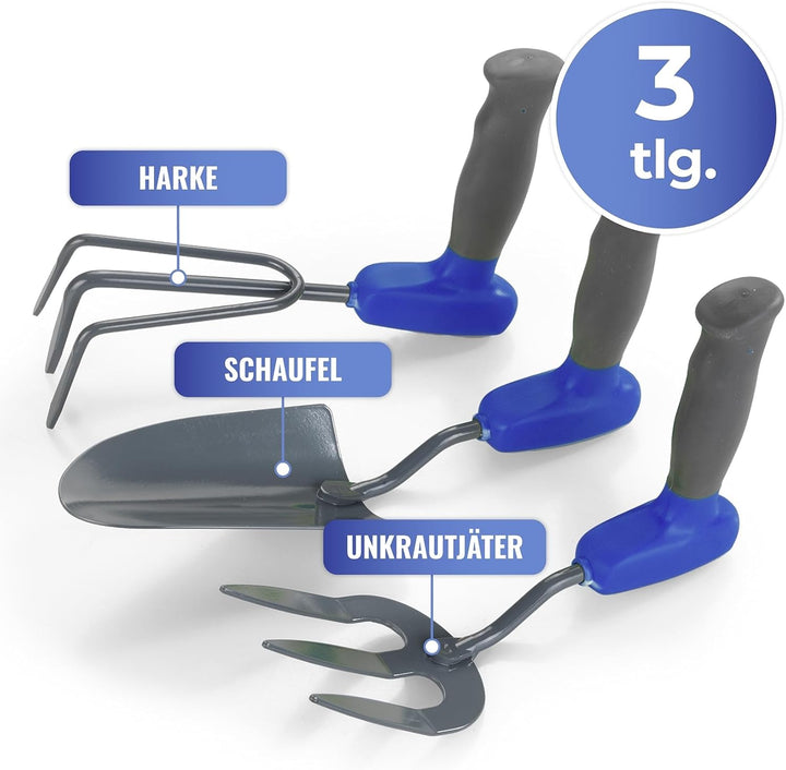 Maximex Ergonomisches Gartenset 3tlg., gelenkschonend, Gartenschaufel, Harke & Unkrautjäter Set