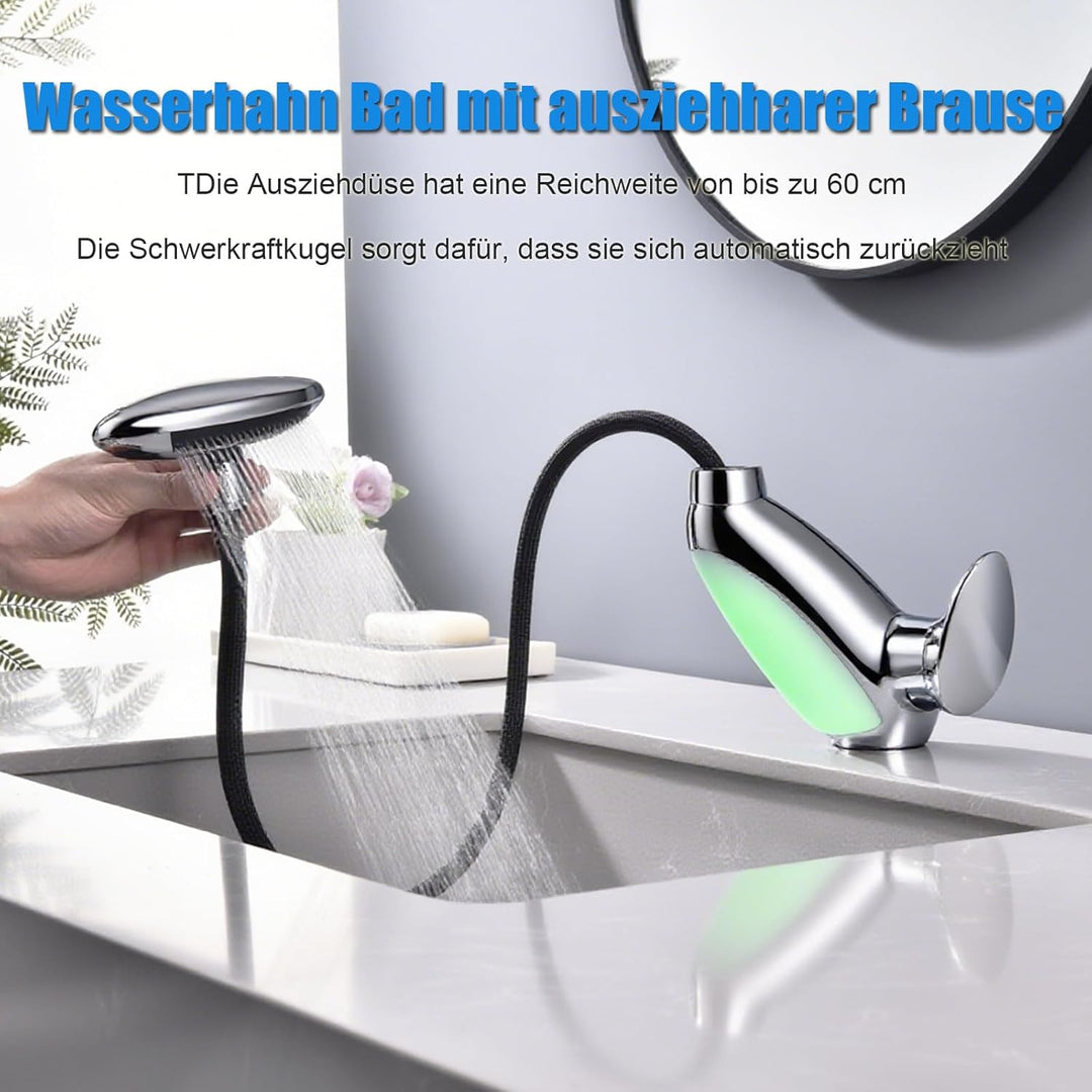 Wasserhahn Bad 4 Modus, LED Waschtischarmatur mit ausziehbarer brause, Wasserfall Mischbatterie Bad,