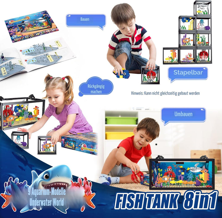 8-in-1 Aquarium-Baustein, Meeresaquarium-Baustein mit LED-Licht, einschliesslich Meeresquallen, Fisc