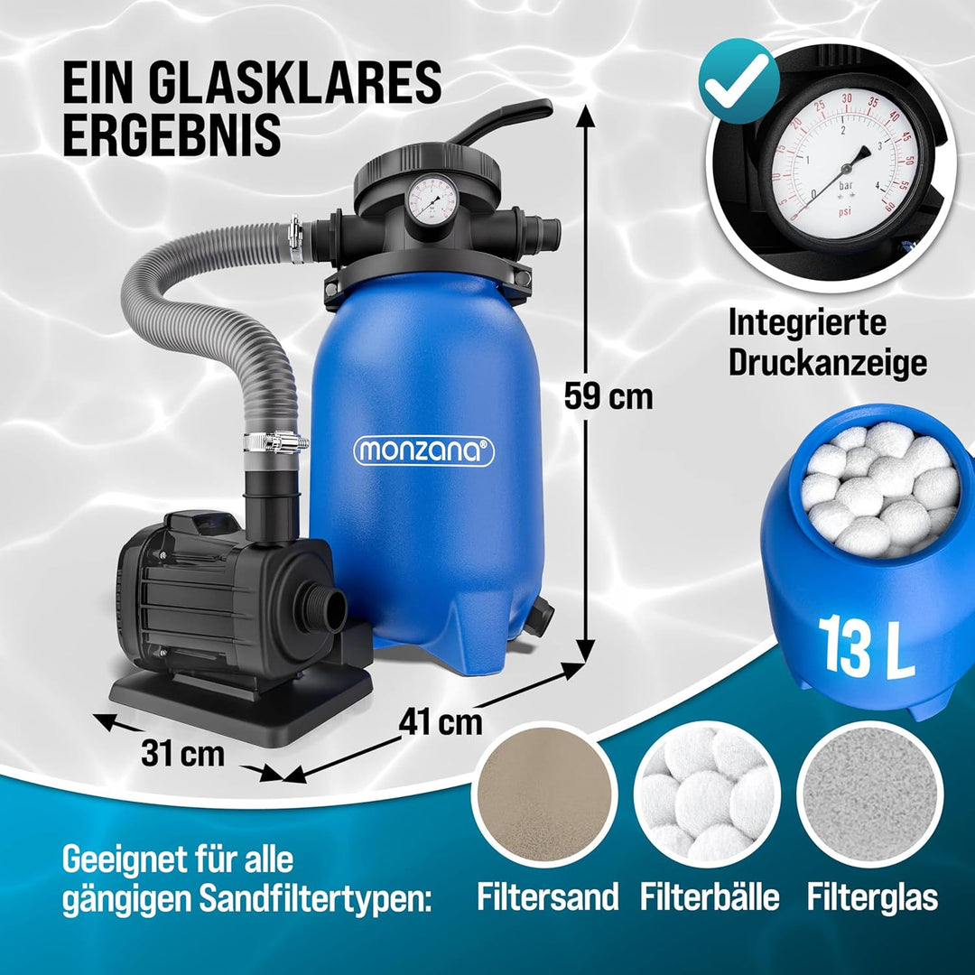 MONZANA® Sandfilteranlage MZPF180 5000 l/h bis 15.000L Pool mit Filterbällen 7 Wege Ventil 2in1 Adap