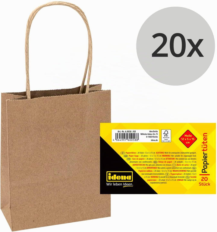 Idena 60058 - Papiertüten, 20 Stück, 12 x 5 x 15 cm, Geschenktüten, Kraftpapier Tüten, Basteltüten z
