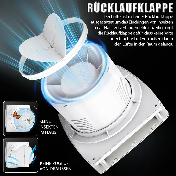100mm Badlüfter mit Nachlauf &amp; Rücklaufklappe Wandventilator Decken/Wand | 12W, 95m³/h, 34db, IPX4,