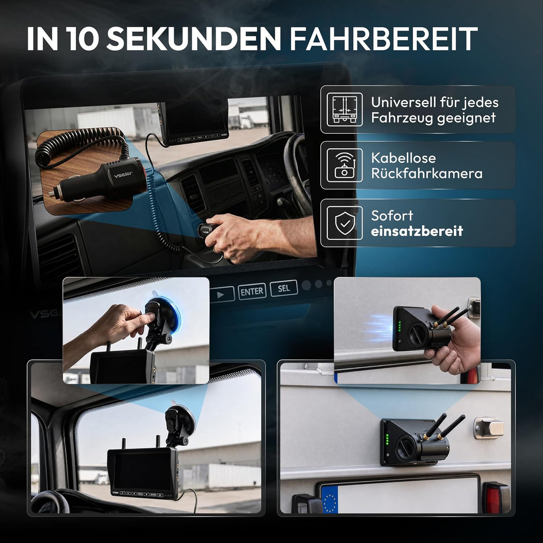 VSG24 7“ Element HD Funk Rückfahrsystem Akku Magnet für Wohnmobil & LKW, KFZ Set Rückfahrkamera kabe