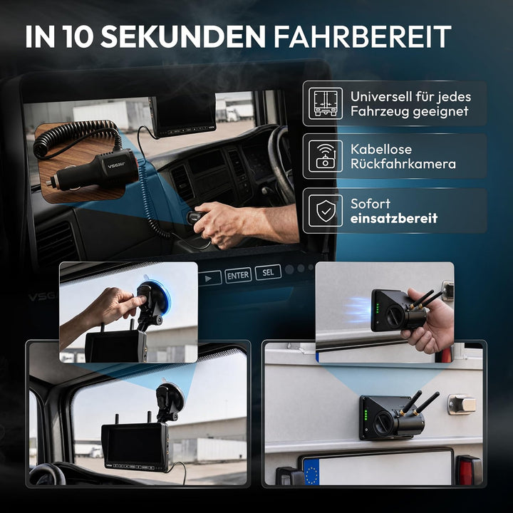 VSG24 7“ Element HD Funk Rückfahrsystem Akku Magnet für Wohnmobil & LKW, KFZ Set Rückfahrkamera kabe